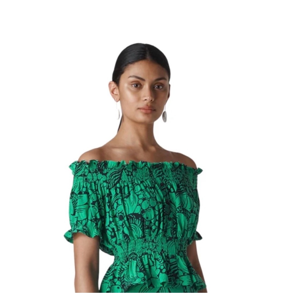 Whistles Green and Black Sunflower Print Off the Shoulder Bardot Top size US 4